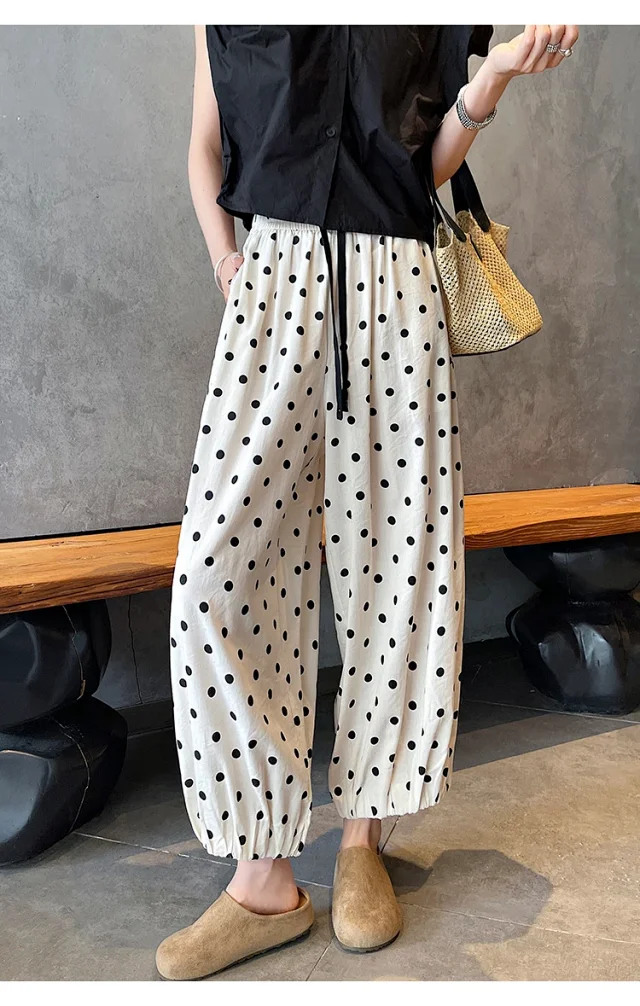 Women's Summer Ice Silk Polka Dot Cotton-Linen Pants Detail