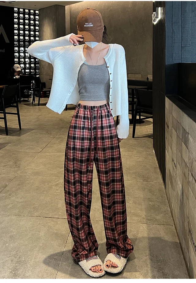 Women's 2025 Fall High-Waist Drawstring Plaid Pants Detail
