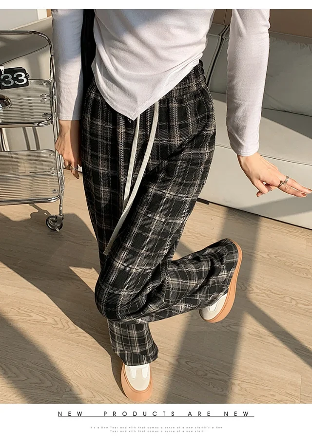 2025 Spring Maillard Plaid Wide-Leg Pants Detail