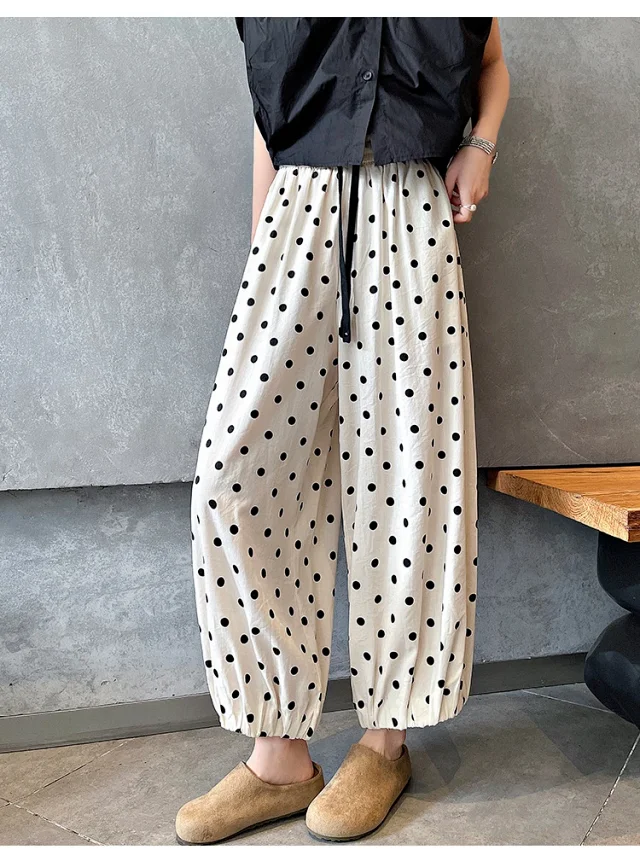 Women's Summer Ice Silk Polka Dot Cotton-Linen Pants Detail