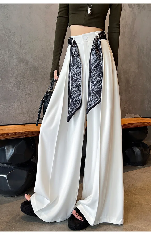 2025 Women's Silk-belted Drapey Wide-leg Pants Detail