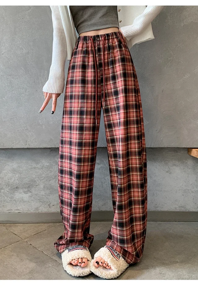 Women's 2025 Fall High-Waist Drawstring Plaid Pants Detail