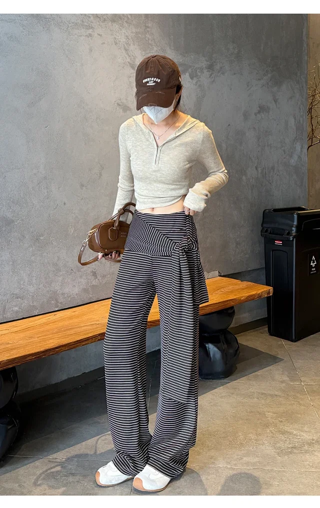 Women's 2025 Autumn Strap Striped Wide - leg Pants Detail