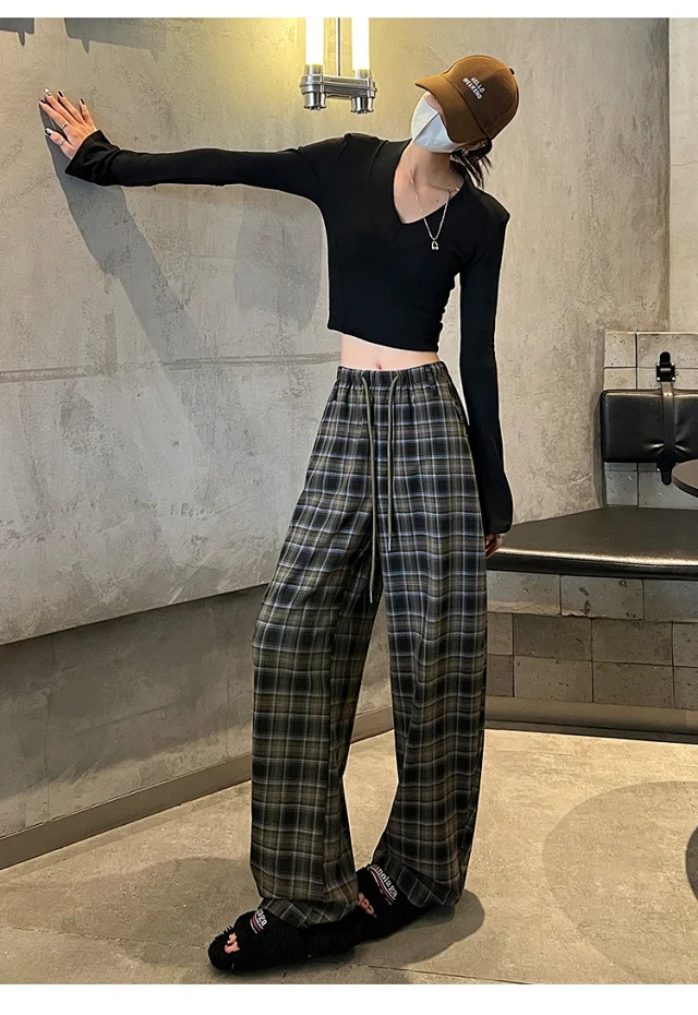 Women's 2025 Fall High-Waist Drawstring Plaid Pants Detail