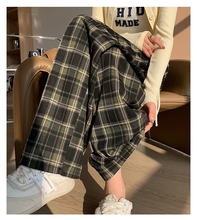 2025 Spring Maillard Plaid Wide-Leg Pants Detail
