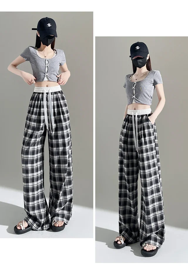 2025 Summer Ice Silk Checkered Pants for Women Detail