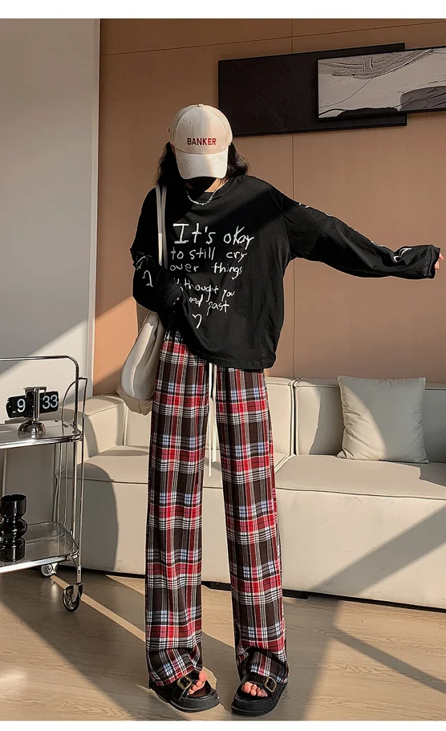 2025 Spring Maillard Plaid Wide-Leg Pants Detail