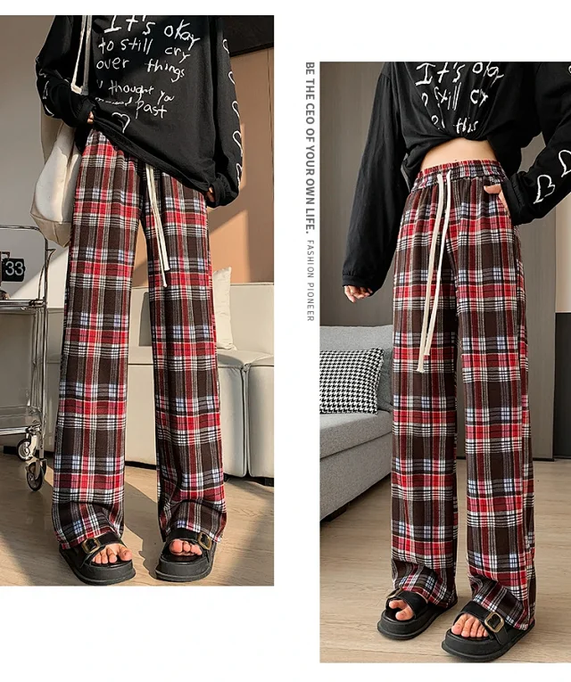 2025 Spring Maillard Plaid Wide-Leg Pants Detail