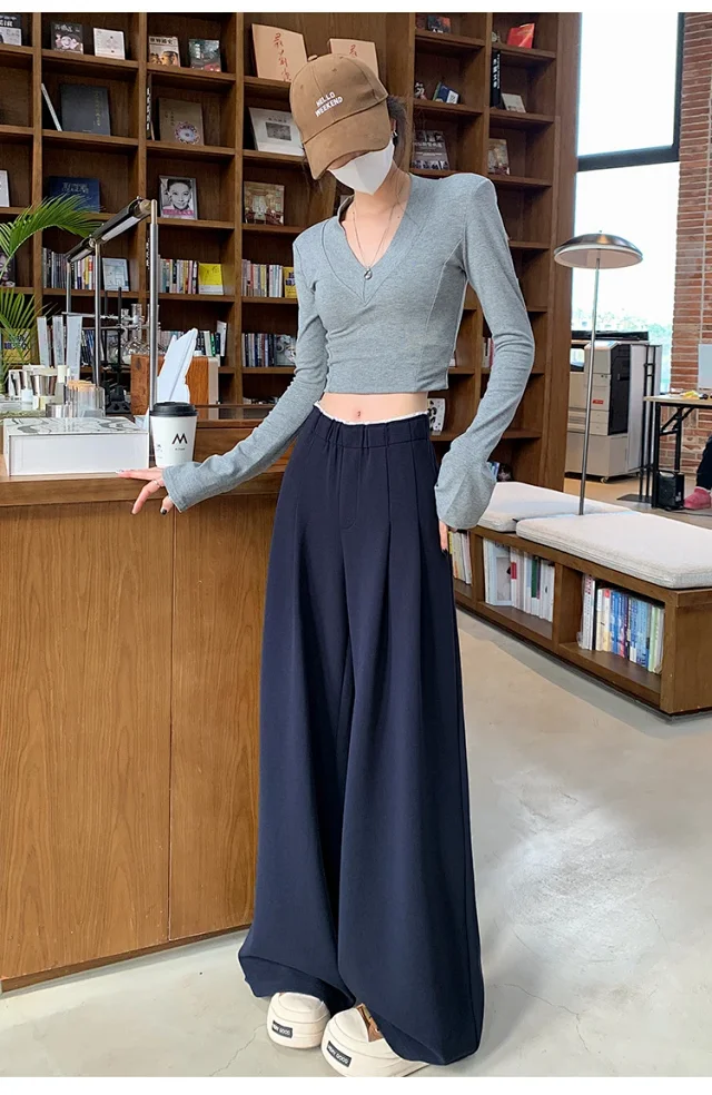 Navy Wide-Leg Pants for Women Detail