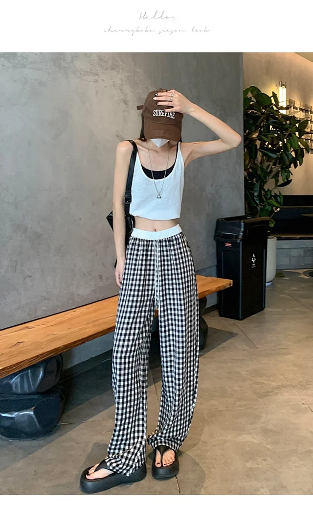 2025 Pink Plaid Wide-Leg Pants for Women Detail