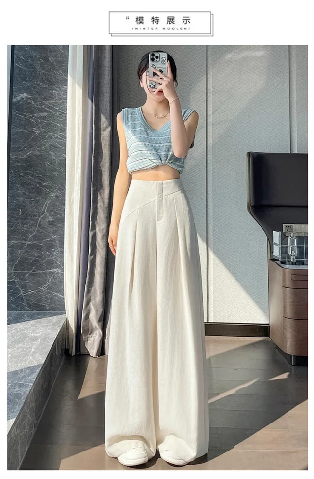 Navy Linen Wide-leg Pants Detail