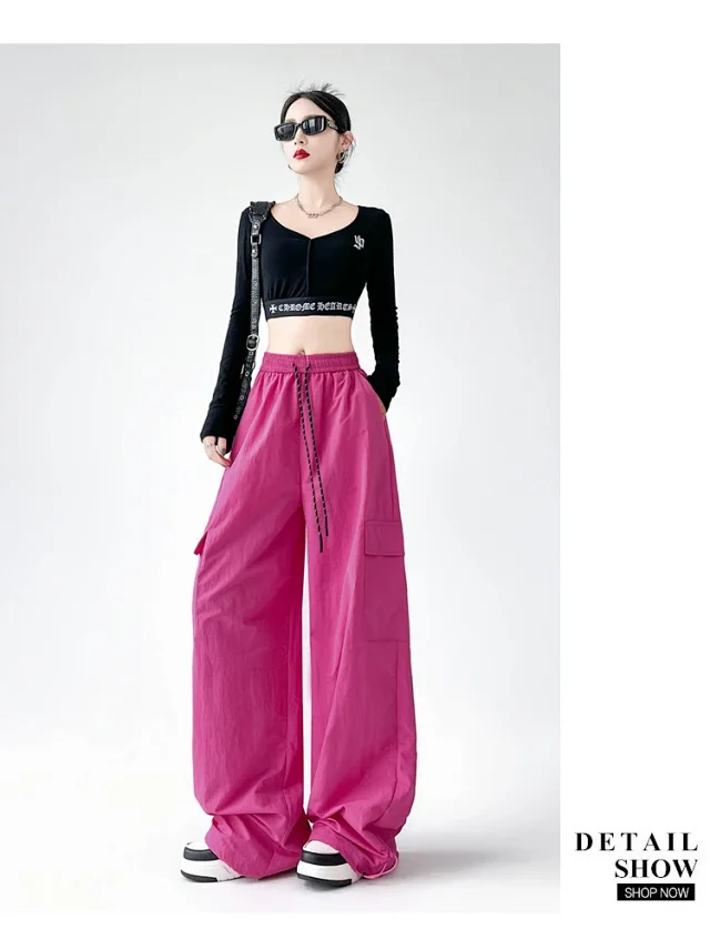 2025 Spring/Summer Women's Sporty Loose Slimming Straight Pants with Drawstring Detail