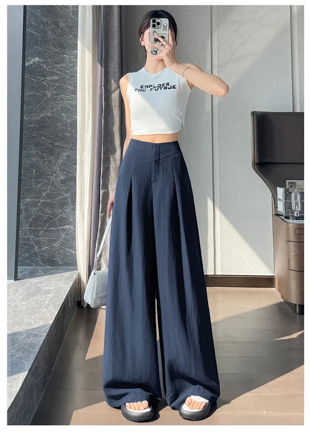 Navy Linen Wide-leg Pants Detail