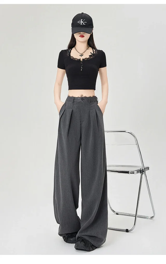 Women's Lace Trim High-Waist Wide-Leg Pants Detail