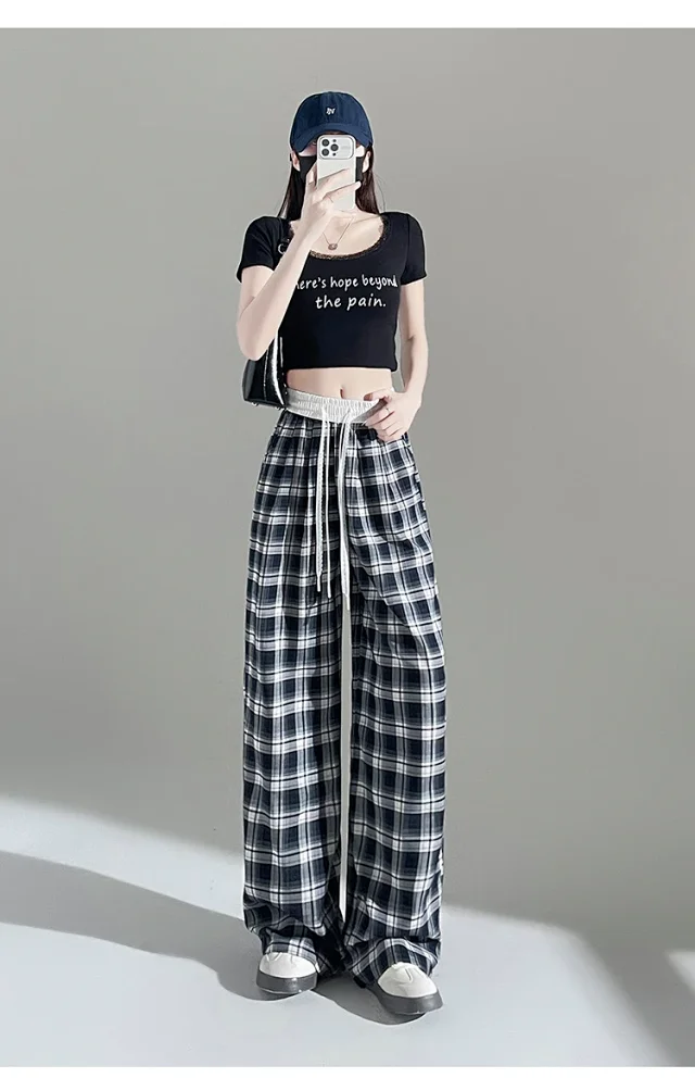 2025 Summer Ice Silk Checkered Pants for Women Detail