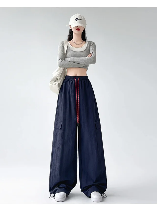 2025 Spring/Summer Women's Sporty Loose Slimming Straight Pants with Drawstring Detail