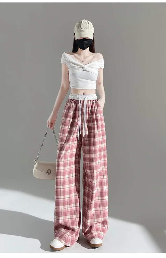 2025 Summer Ice Silk Checkered Pants for Women Detail