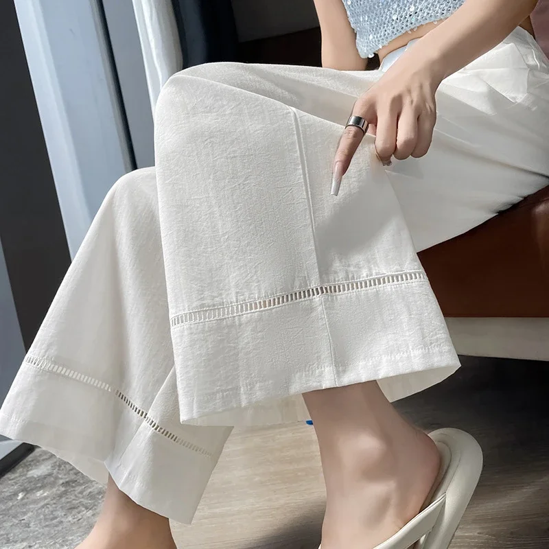 Women's Ice Silk Linen Hollow Wide-leg Pants