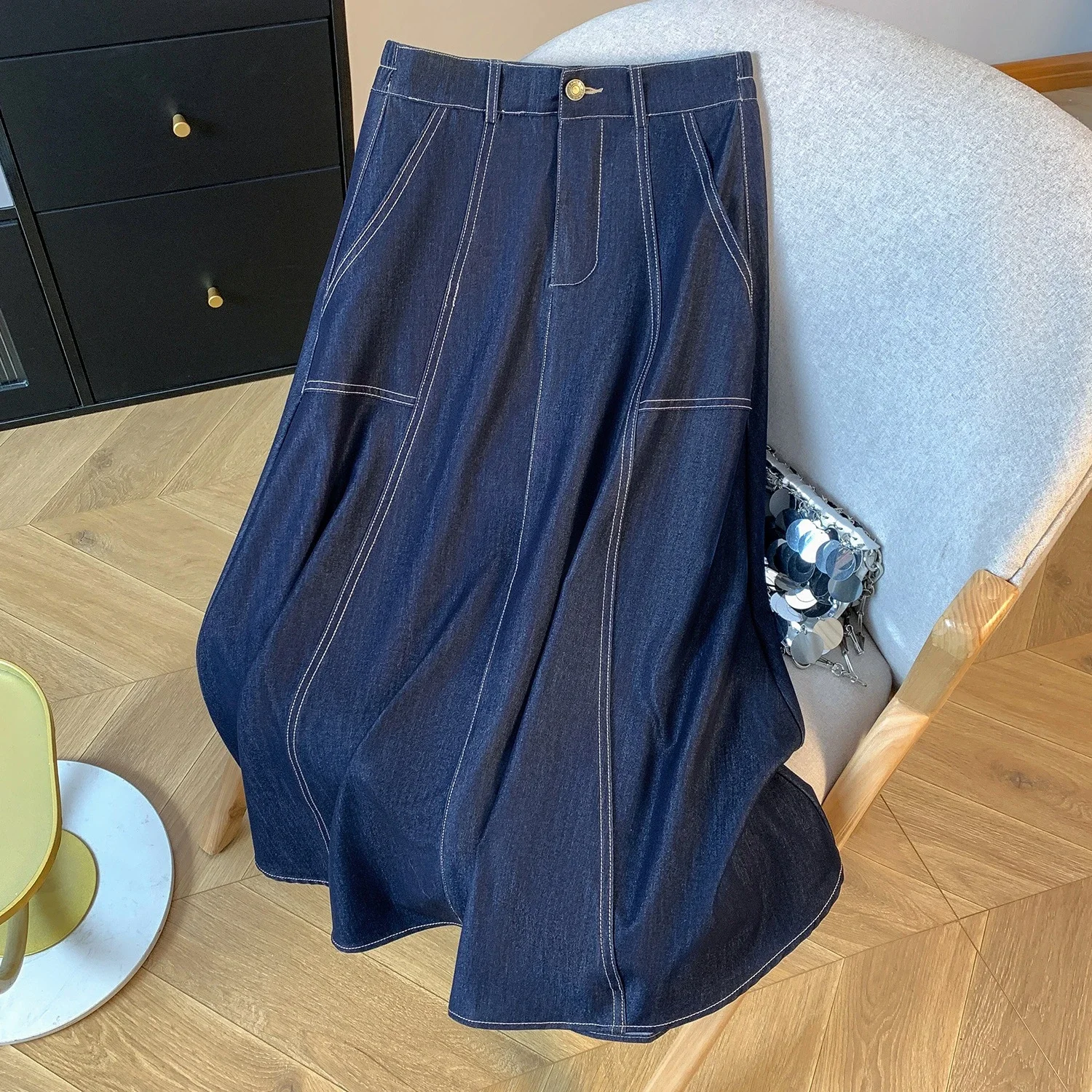 2025 Summer Women's Denim A-line Midi Skirt