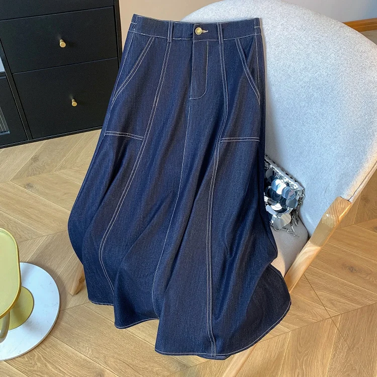 2025 Summer Women's Denim A-line Midi Skirt