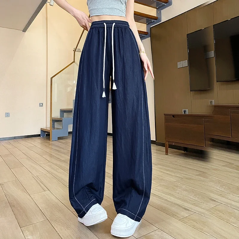 2025 Summer Women's Navy Tencel Wide-Leg Jeans