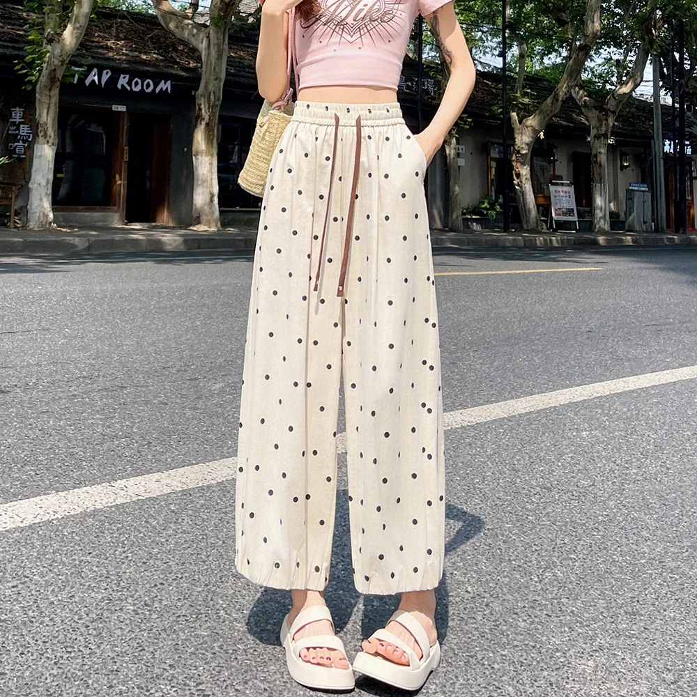Ice Silk Polka Dot Linen Casual Pants