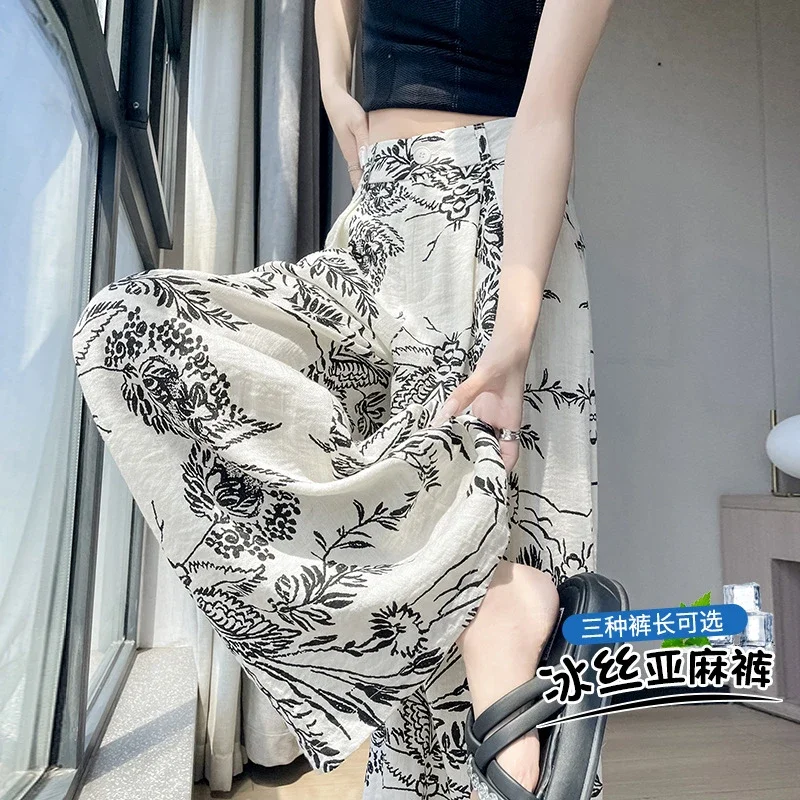 Vintage Floral Linen Wide-Leg Pants
