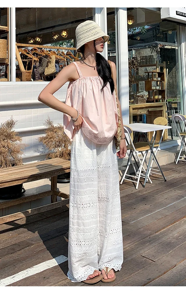 White Lace Hollow-out Women's Wide-leg Pants Detail