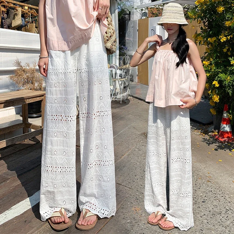 White Lace Hollow-out Women's Wide-leg Pants