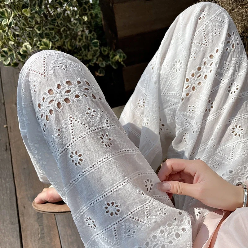 White Lace Hollow-out Women's Wide-leg Pants