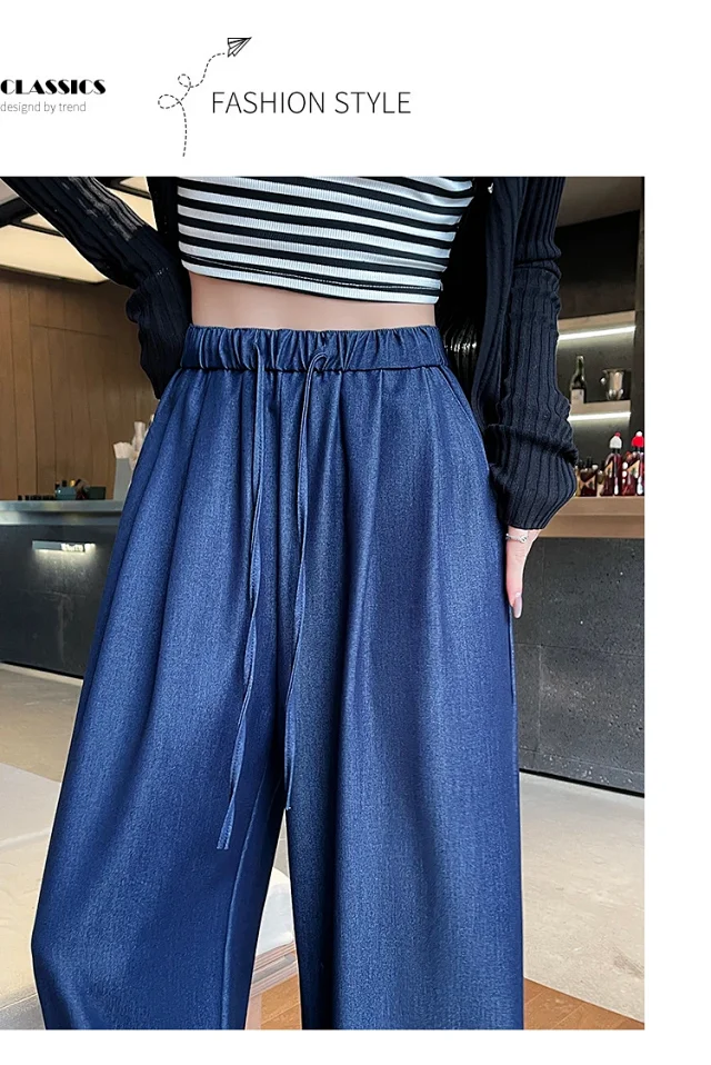 Navy Tencel Jeans - Women's Summer Wide - Leg Pants Detail