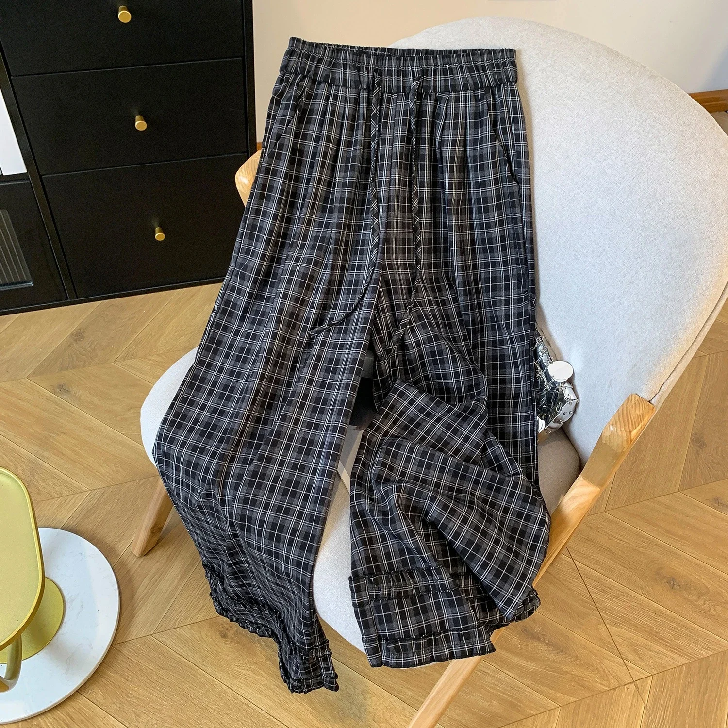 Vintage Waist Tie Plaid Wide-Leg Pants