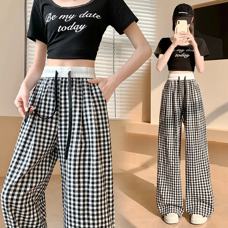 2025 Summer Thin High - waisted Retro Plaid Wide - leg Pants