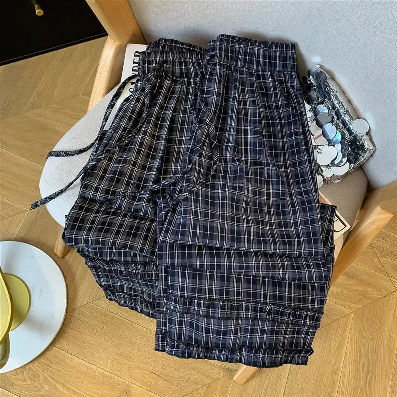 Vintage Waist Tie Plaid Wide-Leg Pants