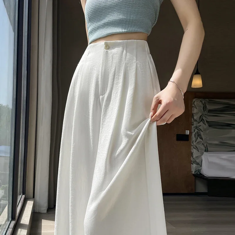 2025 Summer Women's Ice Silk Linen Wide-Leg Pants