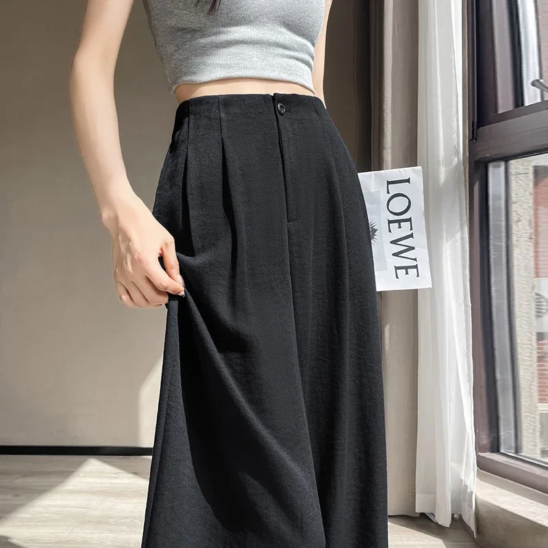 2025 Summer Women's Ice Silk Linen Wide-Leg Pants