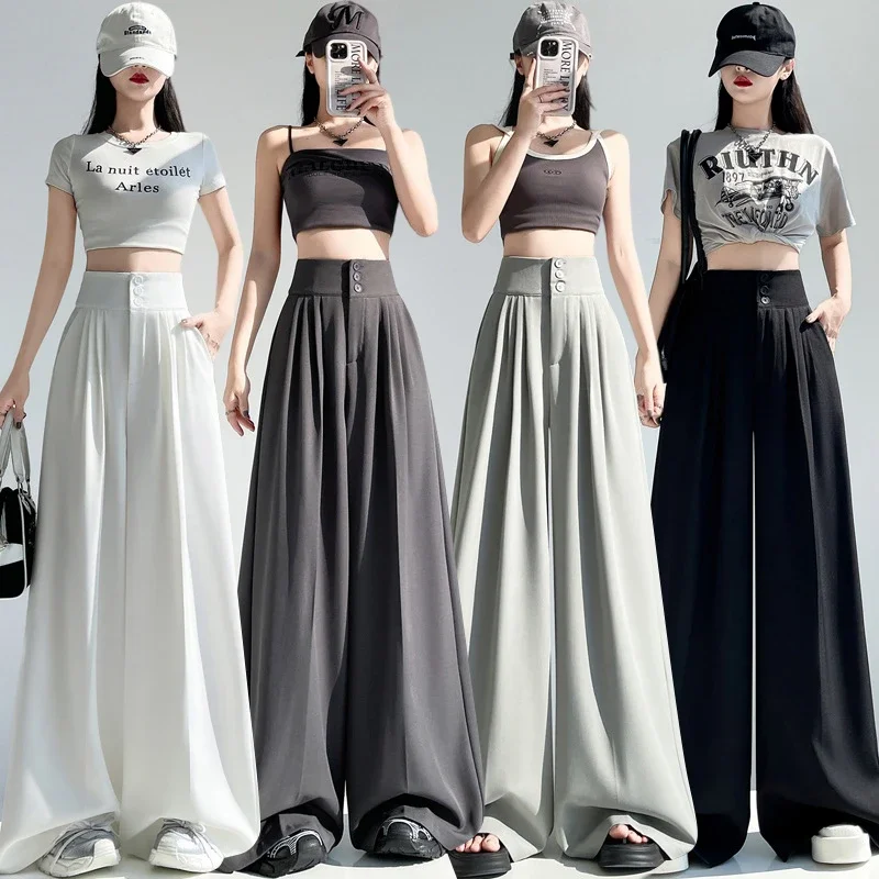 2025 White Wide - leg Ice Silk Trousers for Women