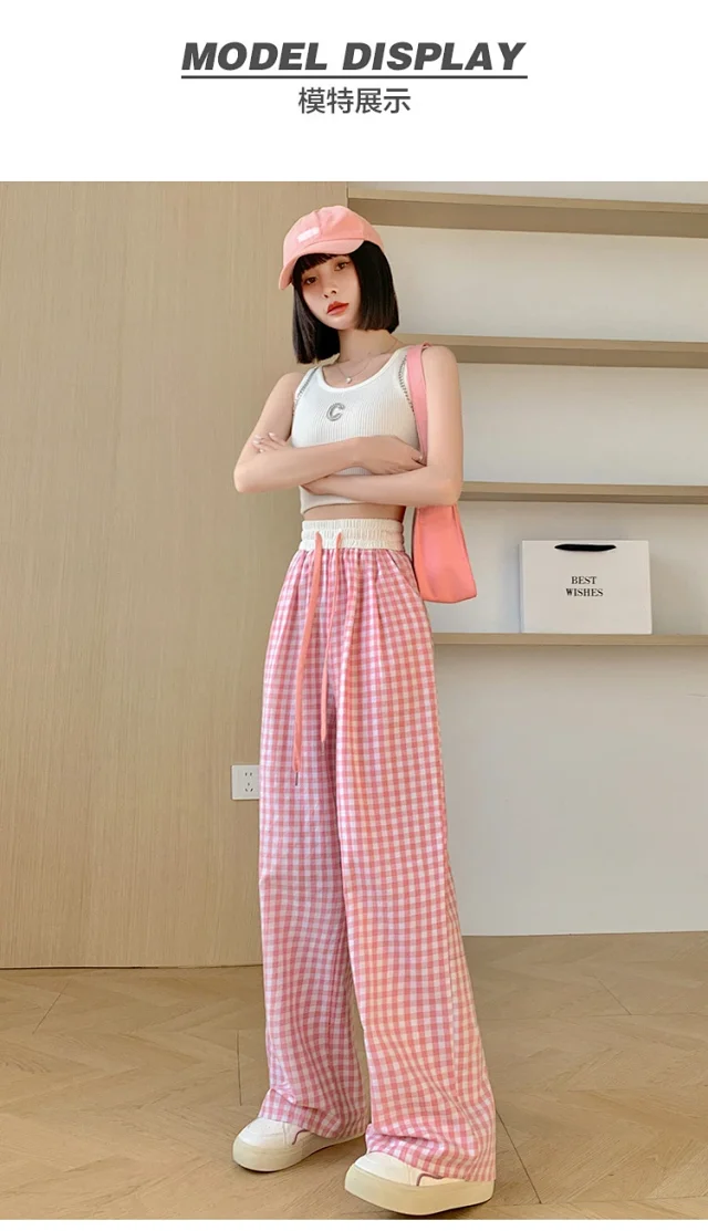 2025 Summer Thin High - waisted Retro Plaid Wide - leg Pants Detail