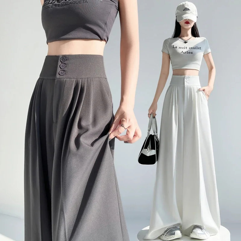 2025 White Wide - leg Ice Silk Trousers for Women