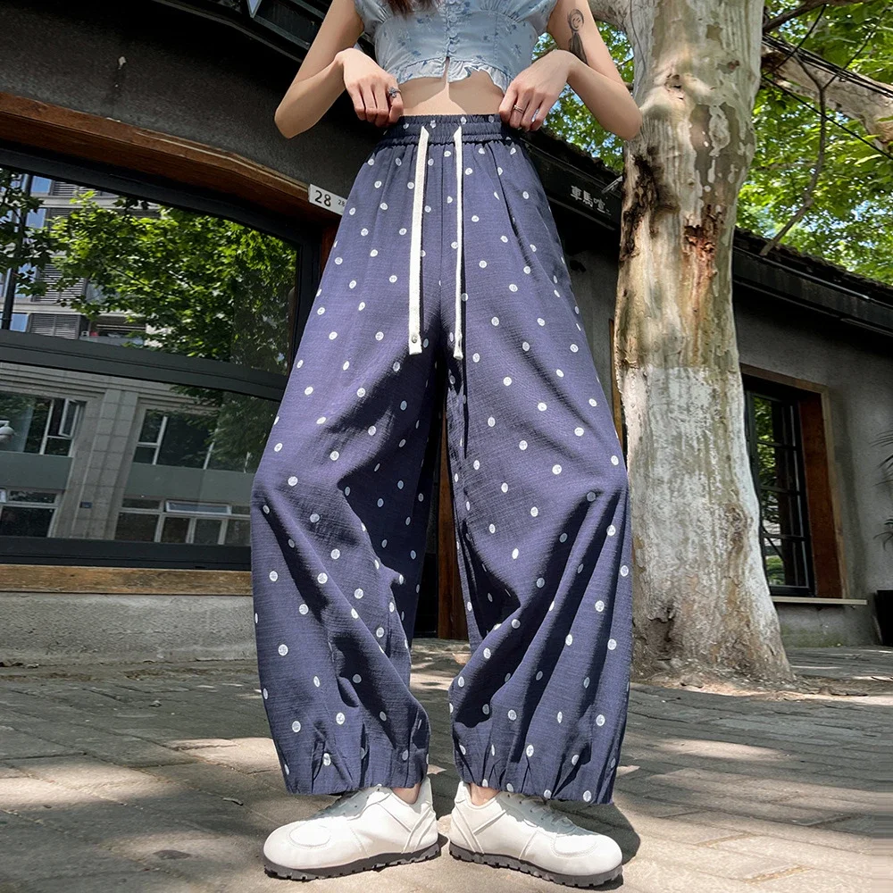Ice Silk Polka Dot Linen Casual Pants