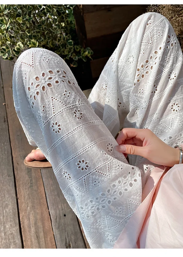 White Lace Hollow-out Women's Wide-leg Pants Detail