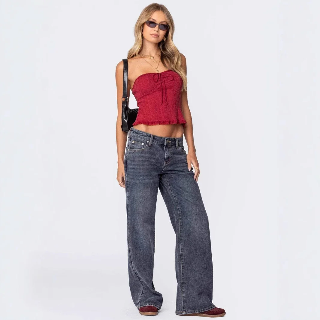 Wide-Leg Low-Waist Retro Denim Pants for Women