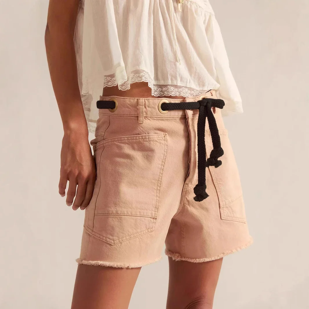 European and American Casual Drawstring Denim Shorts for Women