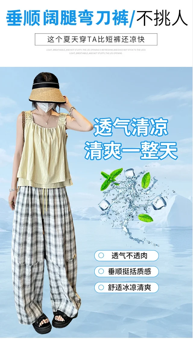 Ladies' Summer Retro Plaid Loose Pants Detail