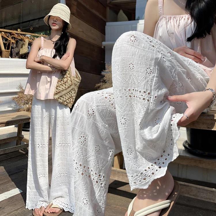 White Lace Hollow-out Women's Wide-leg Pants