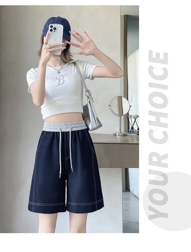 Old Money Style Asymmetric Denim Shorts Detail