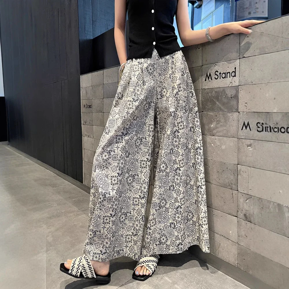 2025 Summer Women's French Retro Print A-line Wide-leg Capris