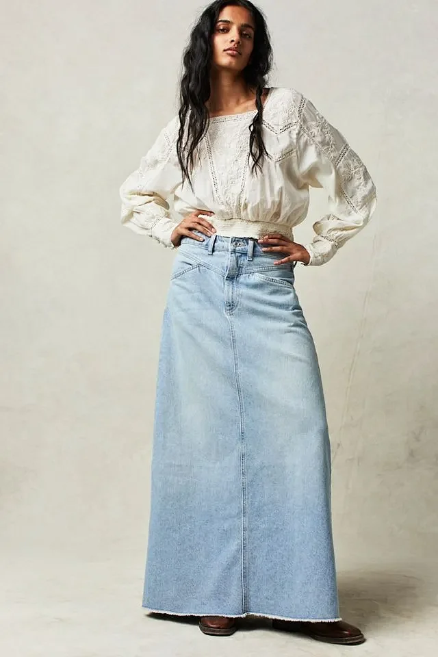 Summer Loose Straight Denim Midi Skirt Detail