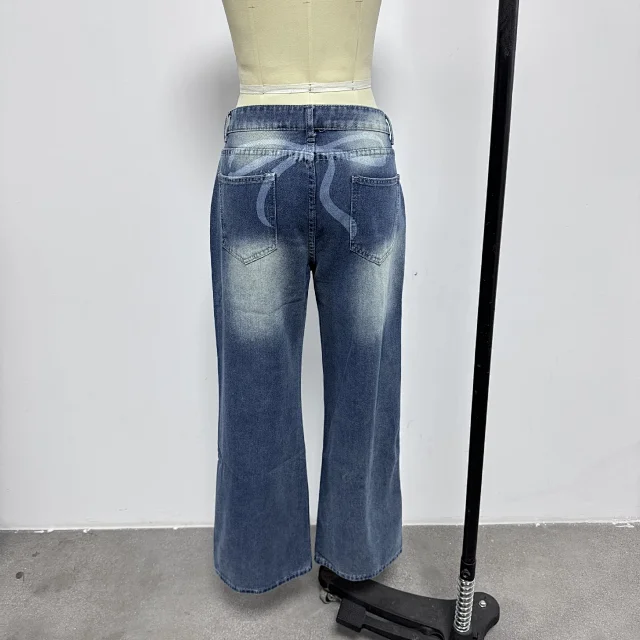 Women's Wide-Leg Printed Denim Pants Detail