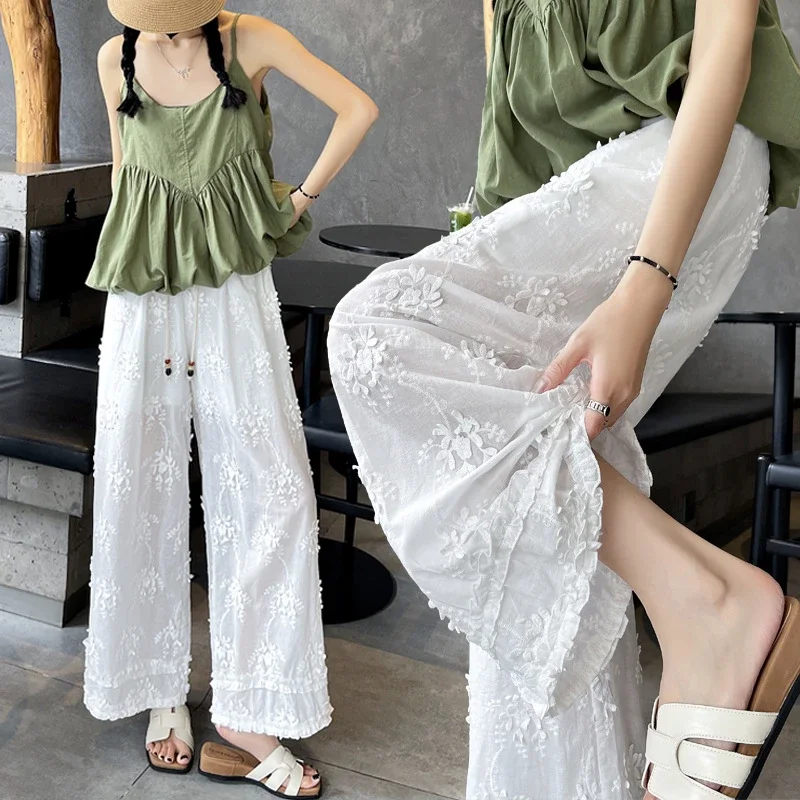 White Embroidered Wide-Leg Pants for Women